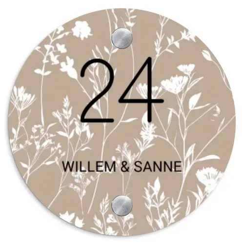 Beige bloemmotief - Klassiek Naambord Rond klein -3d