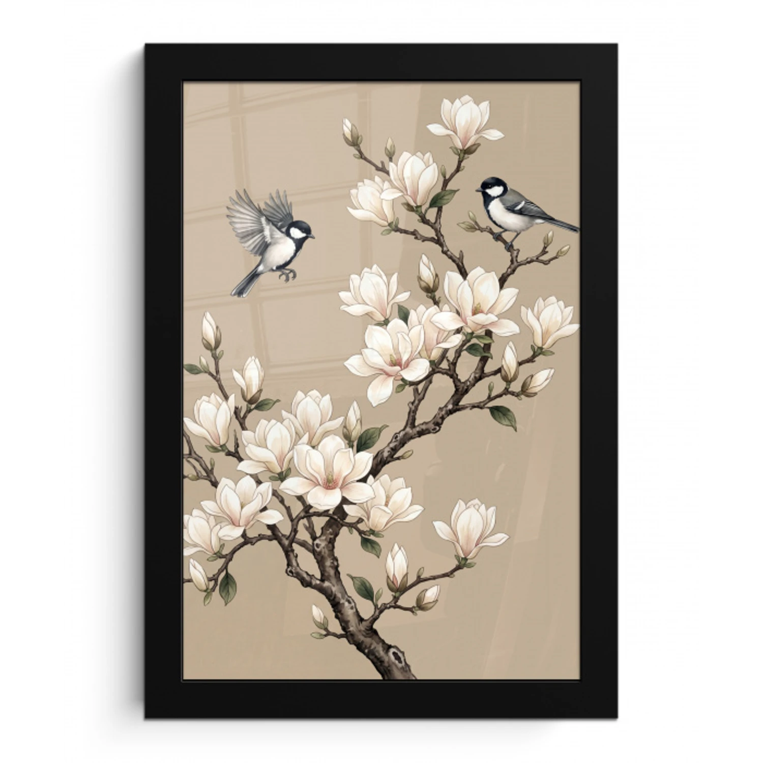 Oosters - Vogels - Beige fotolijst zwart zonder passe partout klein -3d