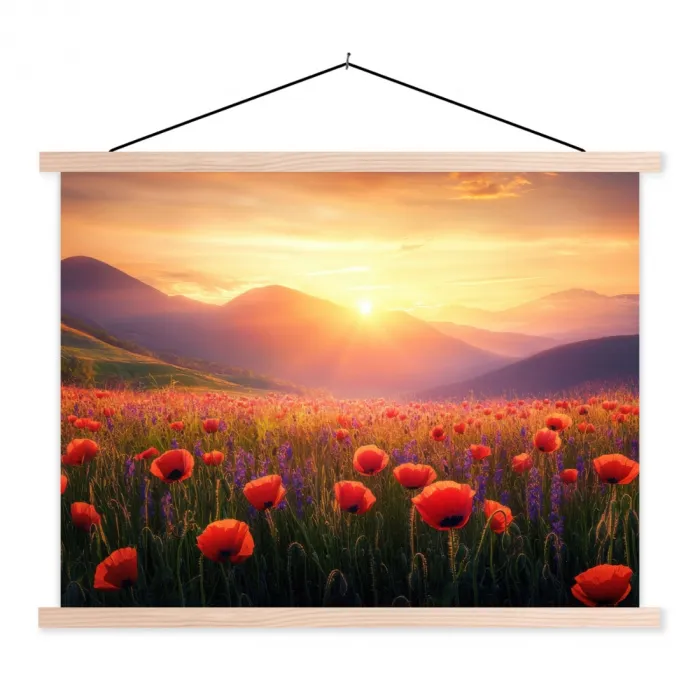 Landschap - Zonsondergang - Bloemenveld textielposter latten blank klein -3d