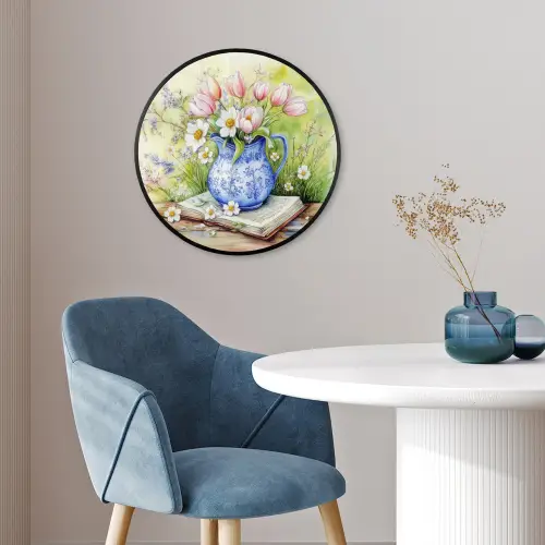 Vaas - Delftsblauw - Madeliefjes Fotolijst rond zonder passe partout klein -sfeer2