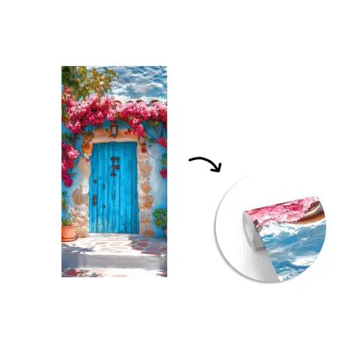 Deur - Hout - Bloemen - Blauw fotobehang vinyl groot -3d