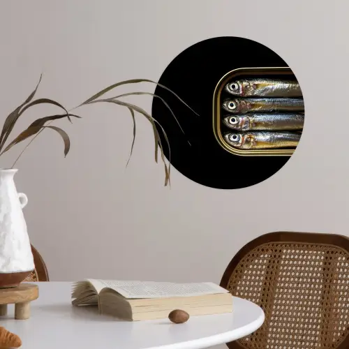Sardines - Blik - Zwart - Vissen Wandcirkel behangsticker klein -sfeer3