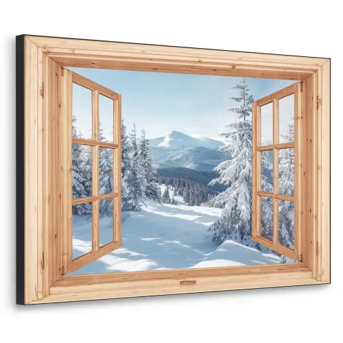 Doorkijk - Winterlandschap - Natuur - Berg - Bomen - Hout Textielframe zwart klein -3d