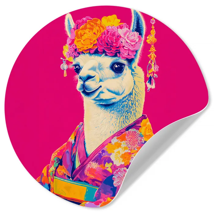 Lama - Kimono - Bloemenkrans - Felroze Wandcirkel behangsticker klein -3d