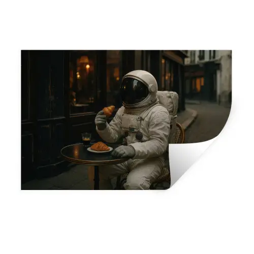 Café - Croissant - Koffie - Astronaut Muursticker klein -3d