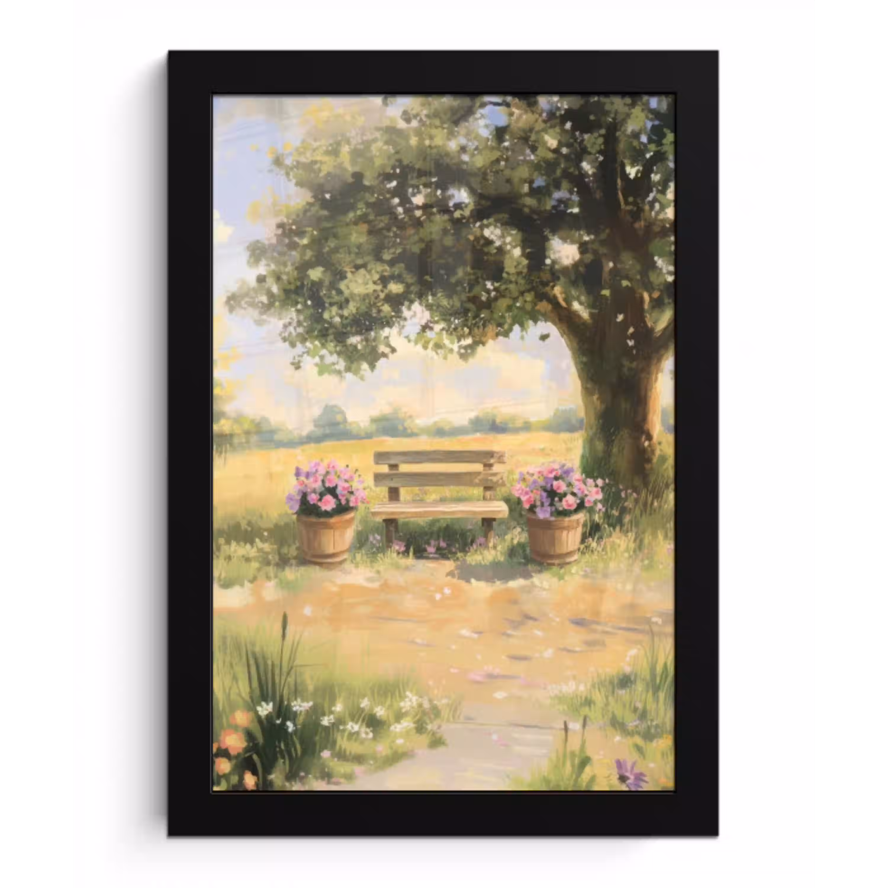Houten bankje - Bloempotten - Landschap fotolijst zwart zonder passe partout klein -3d
