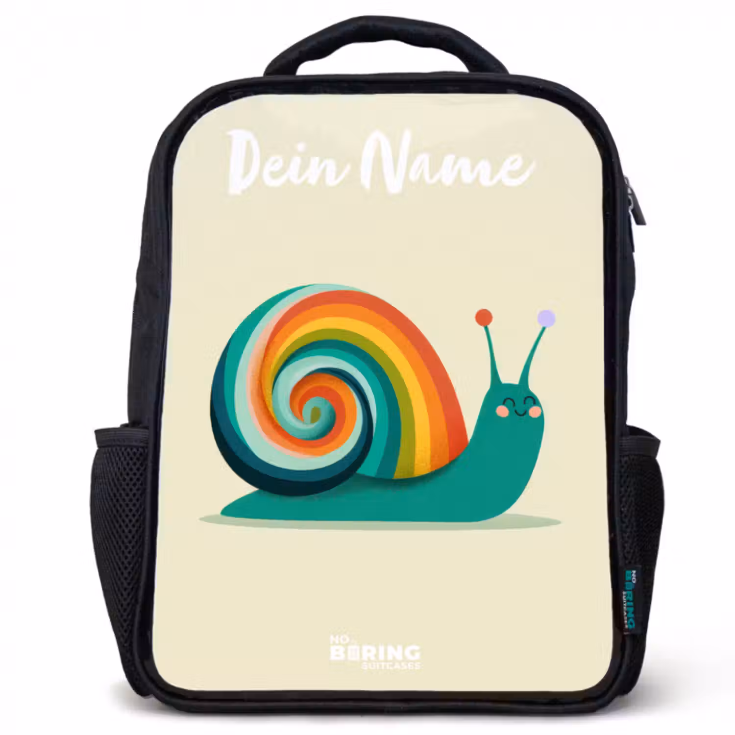 Kinderrucksack mit Namen - Schwarz - Schnecke - Regenbogen - Farbenfroh