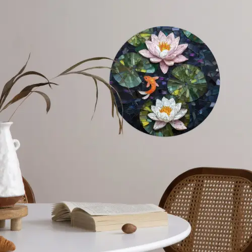 Glasstukjes - Leliebladeren - Vis - Oranje Wandcirkel behangsticker klein -sfeer3