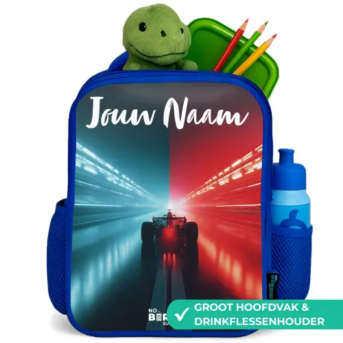 Raceauto - Verlichting - Neon - Rood Kinderrugzak - Blauw middel -inhoud_NL