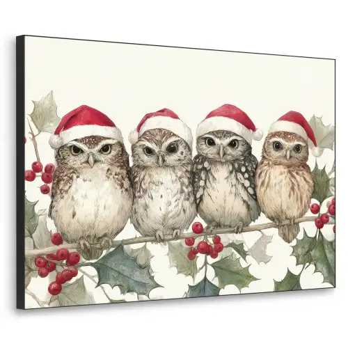 Uilen - Tak - Hulstblaadjes - Kerstmuts Textielframe zwart klein -3d
