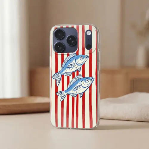 Vissen - Verticale strepen - Blauw - Rood Telefoonhoesje iPhone 17 Pro klein -sfeer2