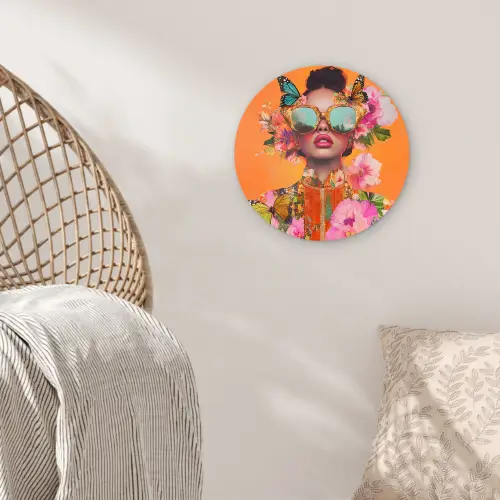 Vlinders - Vrouw - Zonnebril - Kleurrijk Wandcirkel kunststof plaat 5mm dik klein -sfeer5