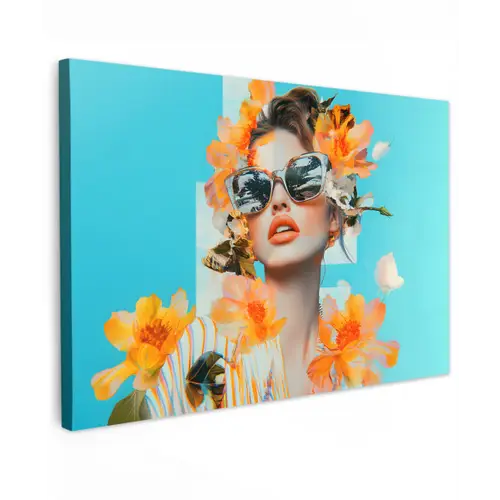 Bloemen - Vrouw - Zonnebril - Blauw Tuinposter op houten frame 2 cm dik klein -3d