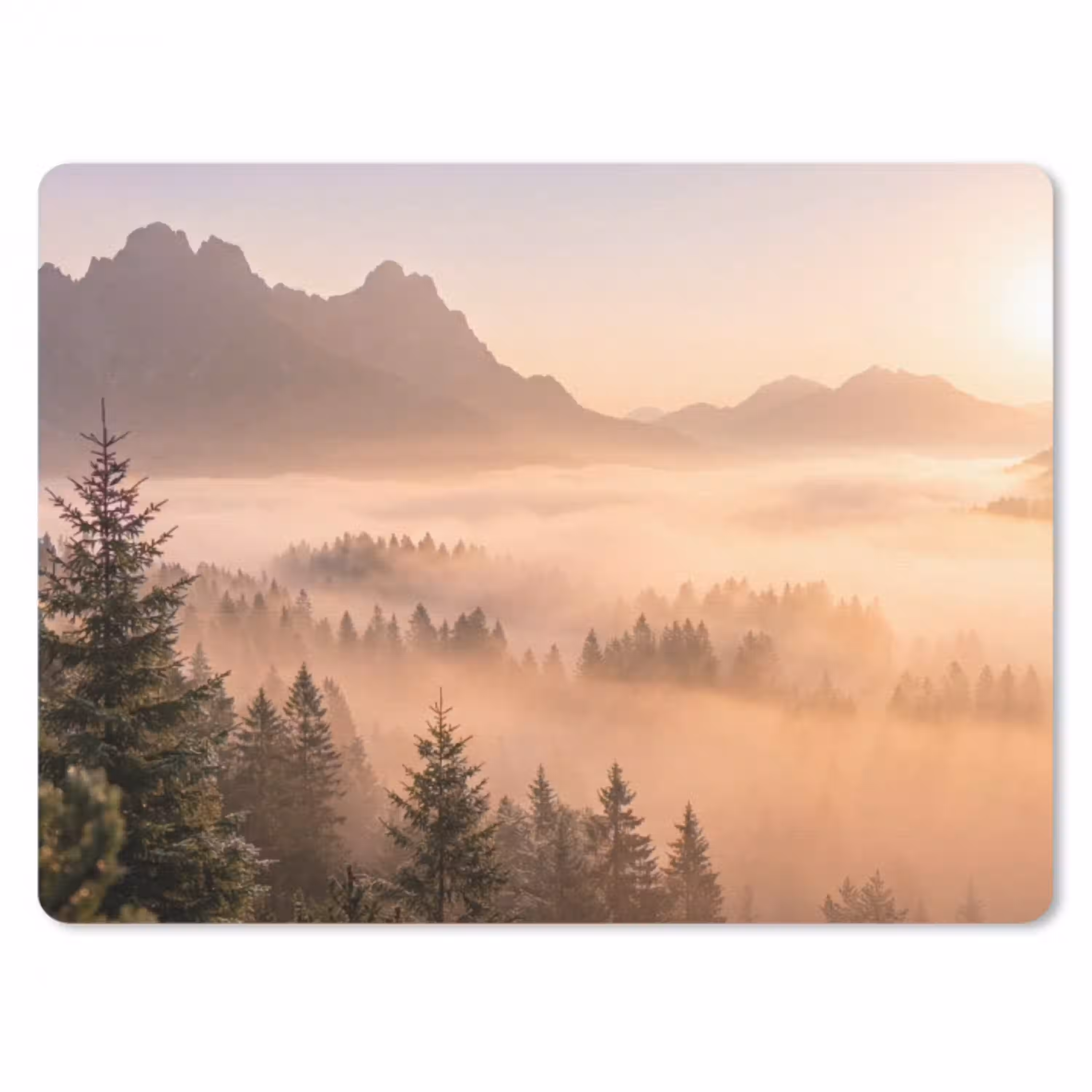 Zonlicht - Mist - Bergen - Bomen muismat rubber klein -3d