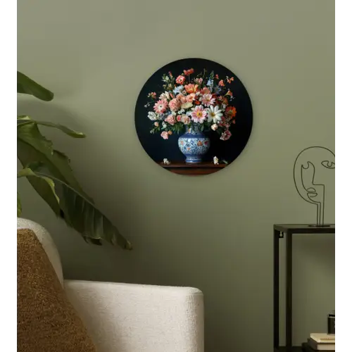 Hout - Vaas - Kleuren - Bloemen Wandcirkel kunststof plaat 5mm dik klein -sfeer3
