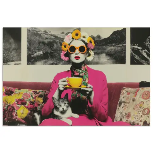 Vrouw - Kat - Bloemen - Kopje - Retro poster papier klein -3d
