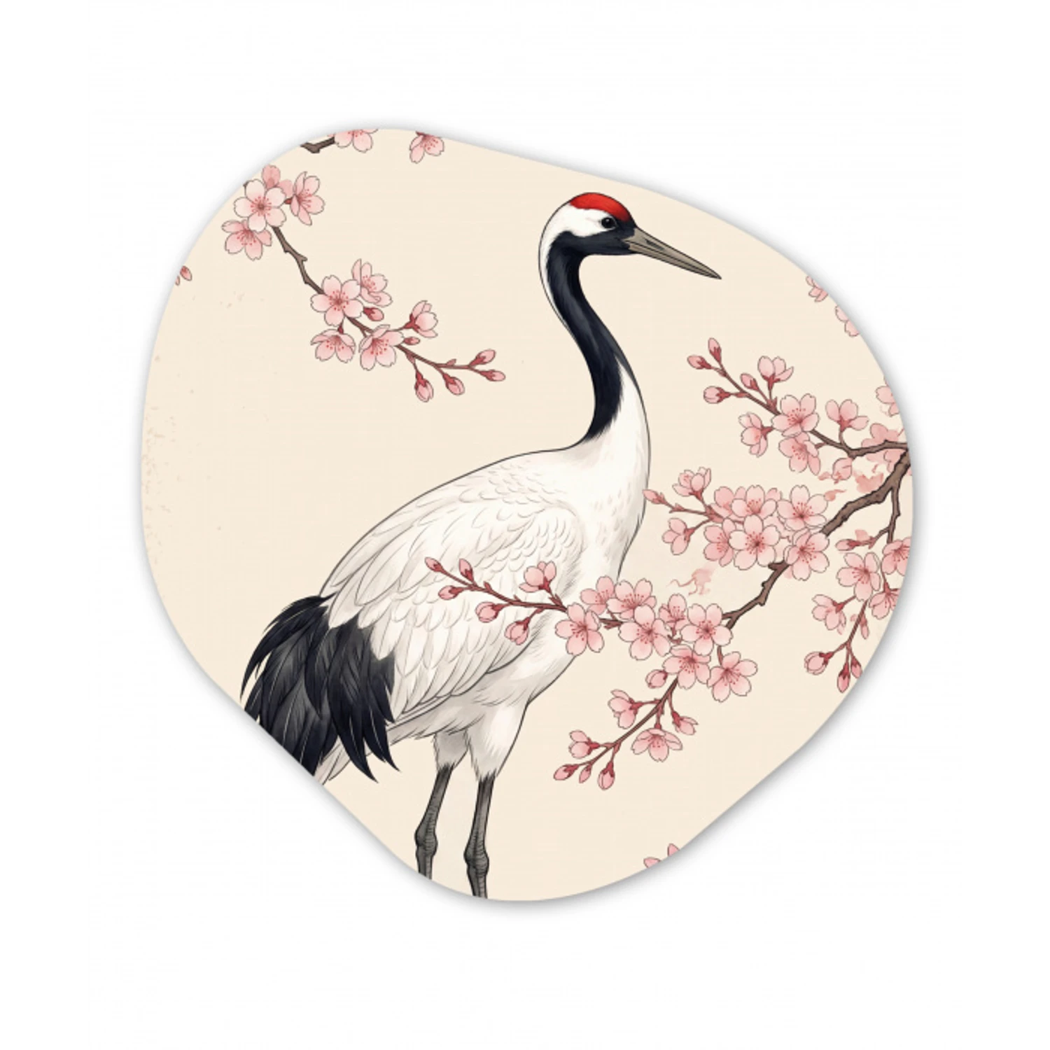 Aziatisch - Kraanvogel - Beige Wandcirkel Organisch Aluminium middel -3d