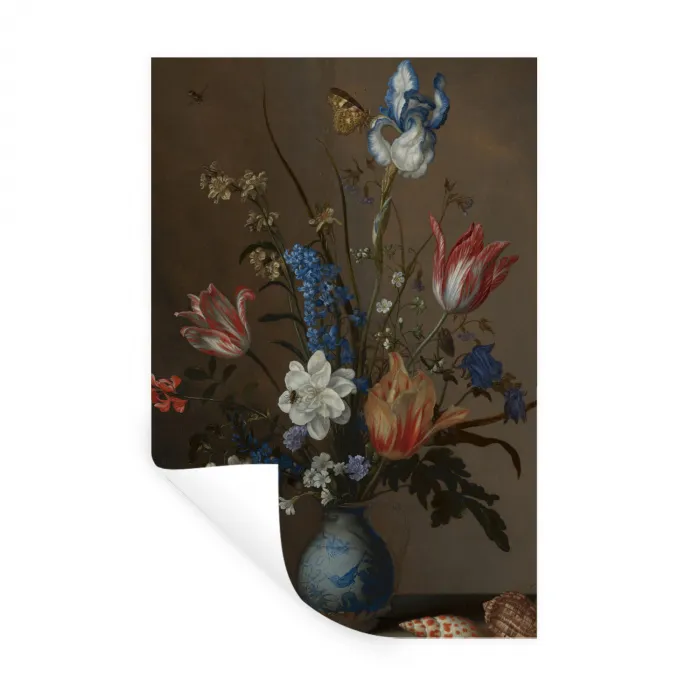Bloemen in een Wan-Li vaas en schelpen - Schilderij van Balthasar van der Ast Muursticker klein -3d