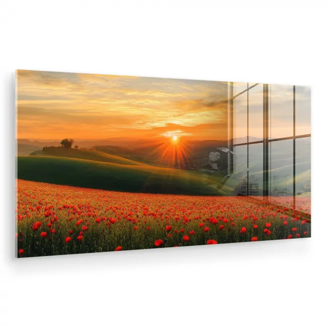 Klaprozen - Bloemen - Heuvels - Zonsondergang plexiglas 5mm klein -zzzproduct_nieuw
