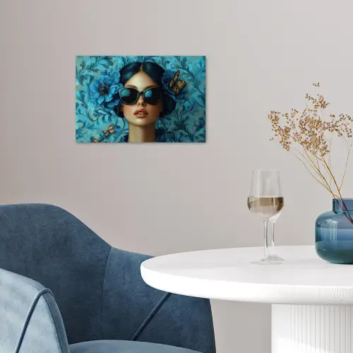 Vrouw - Bloemen - Vlinders - Blauw - Abstract poster papier klein -sfeer3