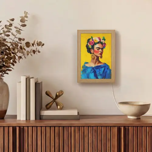 Frida Kahlo - Vrouw - Geel - Blauw - Bloemen Light Box met kabel (Tafellamp) klein -sfeer2