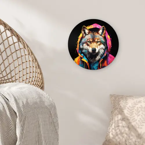 Graffiti - Wolf - Jas - Zwart Wandcirkel kunststof plaat 5mm dik klein -sfeer5