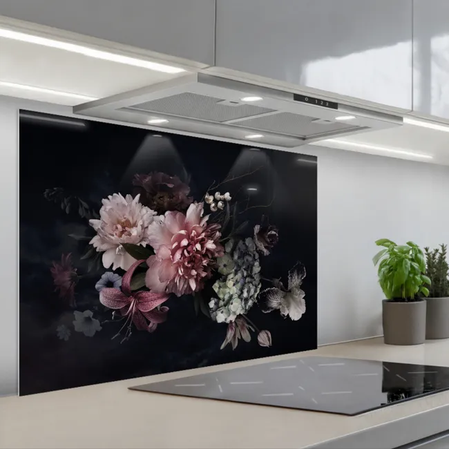 Spritzschutz Küche - Blumenarrangement für die Nacht