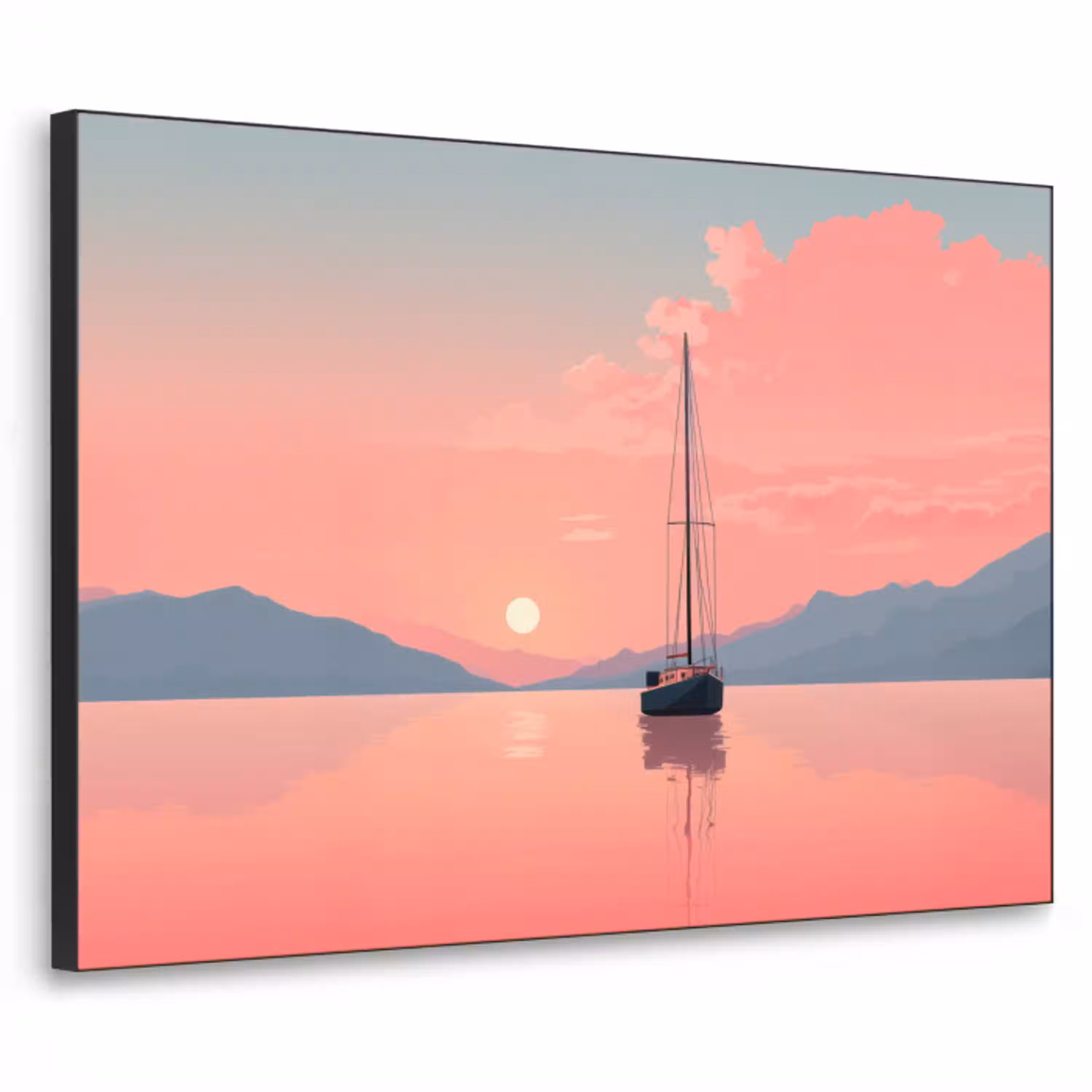 Zeilboot - Roze zee - Zonsondergang - Bergen Textielframe - compleet frame klein -3d