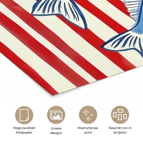 Vissen - Verticale strepen - Blauw - Rood poster papier klein -closeup_NL