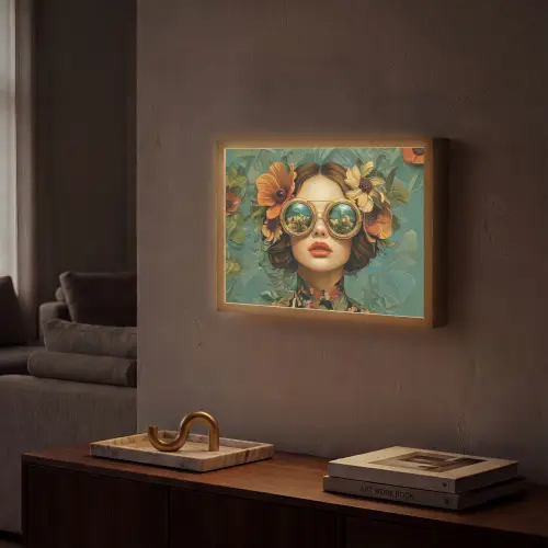 Vrouw - Bloemen - Vlinders - Natuur - Vintage Light Box met batterij (Wandlamp) middel -sfeer1
