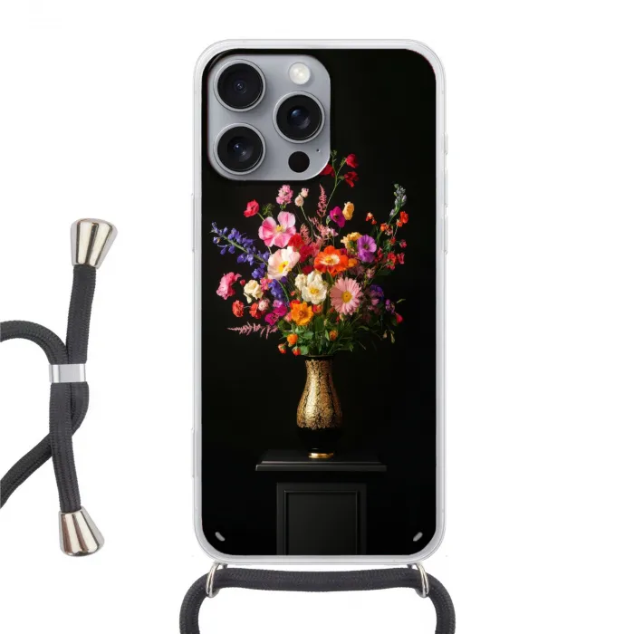 Kleurrijk - Boeket - Vaas - Goud Hoesje iPhone 16 Pro Max met koord klein -3d