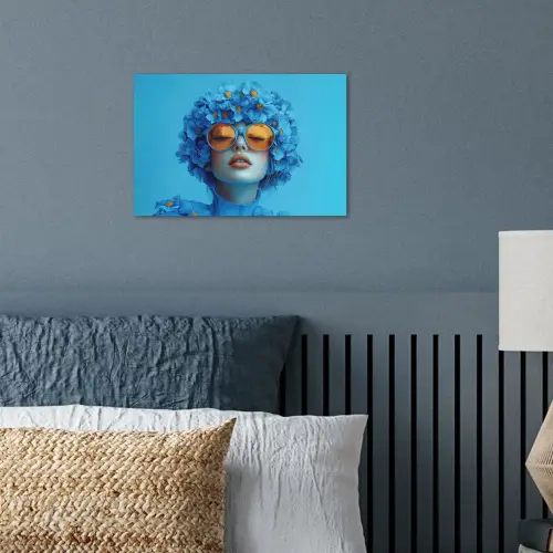 Vrouw - Bloem - Blauw - Modern - Bril - Portret poster papier klein -sfeer2