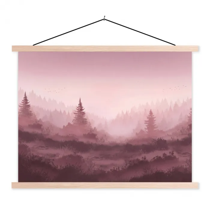 Landschap - Mistig - Roze textielposter latten blank klein -3d