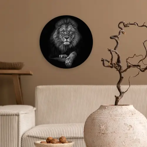 Leeuw - Dieren - Zwart - Wit Wandcirkel kunststof plaat 5mm dik klein -sfeer1