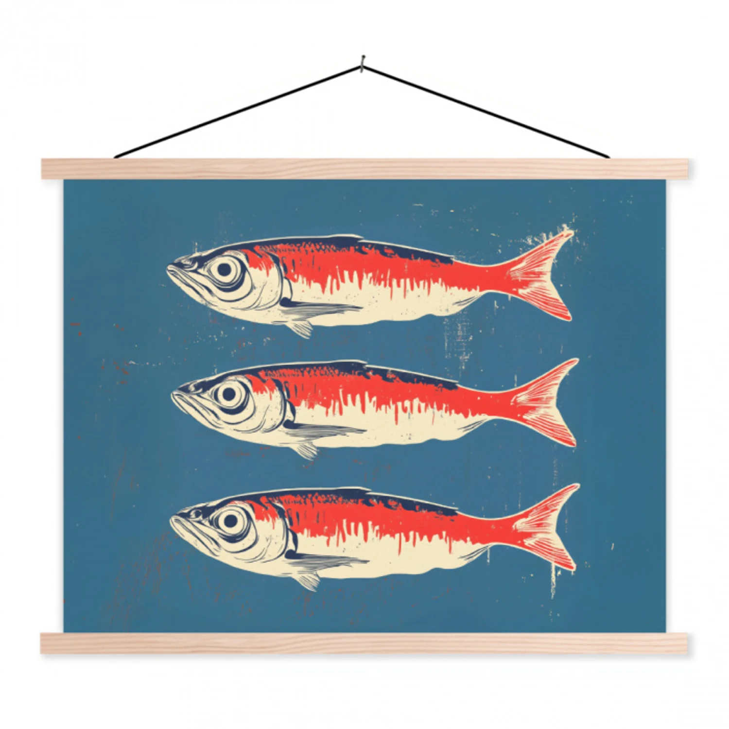 Vissen - Rood - Blauw textielposter latten blank klein -3d