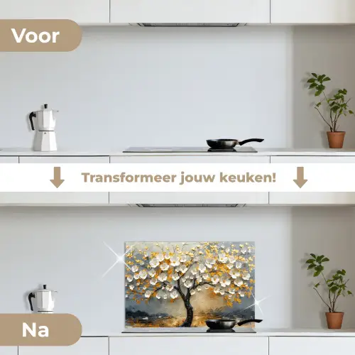 Boom - Bloemen - Goud - Beige keuken achterwand spatscherm klein -voor_na_NL