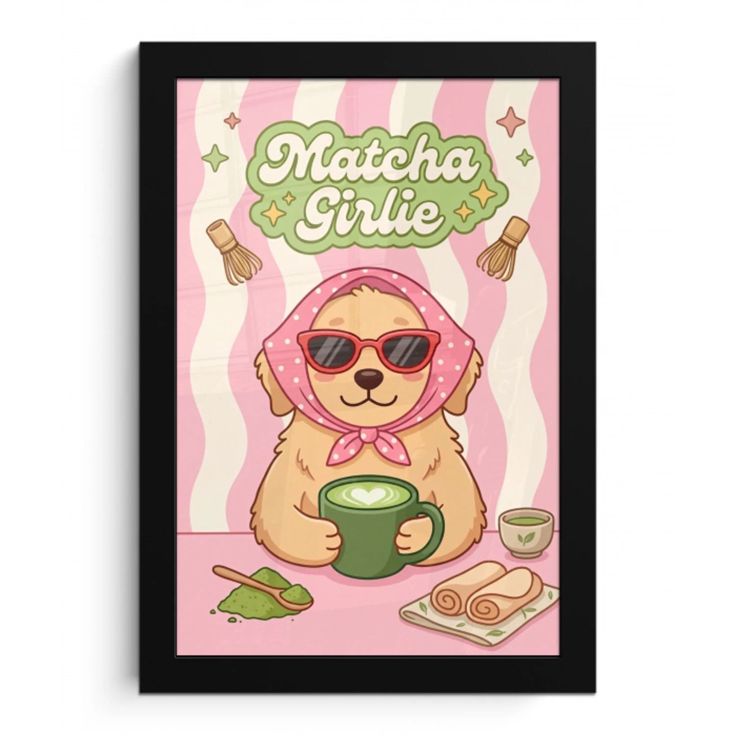 Matcha - Hond - Roze - Groen fotolijst zwart zonder passe partout klein -3d