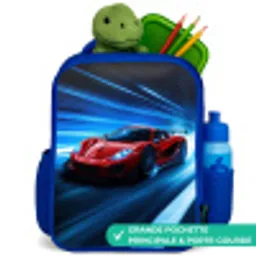 Rode racewagen in digitale snelheidswereld Kinderrugzak - Blauw middel -inhoud_FR