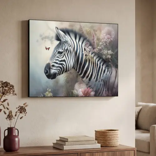 Zebra - Wilde dieren - Vlinder - Bloemen Textielframe zwart klein -sfeer3