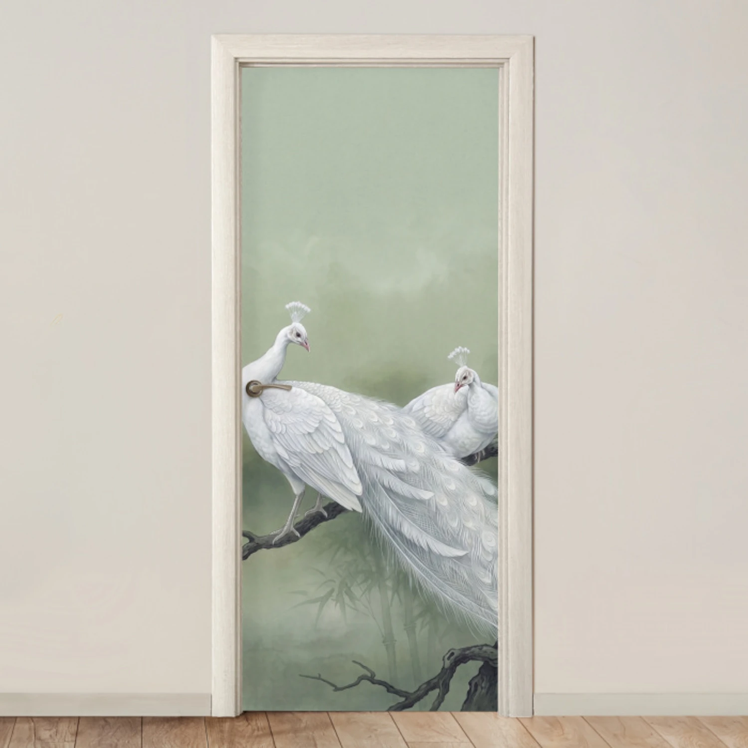 Pauwen - Wit - Natuur - Groen deurposter klein -3d_beige