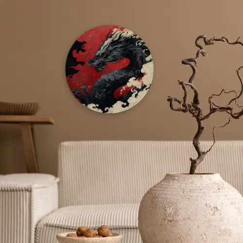 Zwarte draak - Rookwolken - Rood Wandcirkel kunststof plaat 5mm dik klein -sfeer1