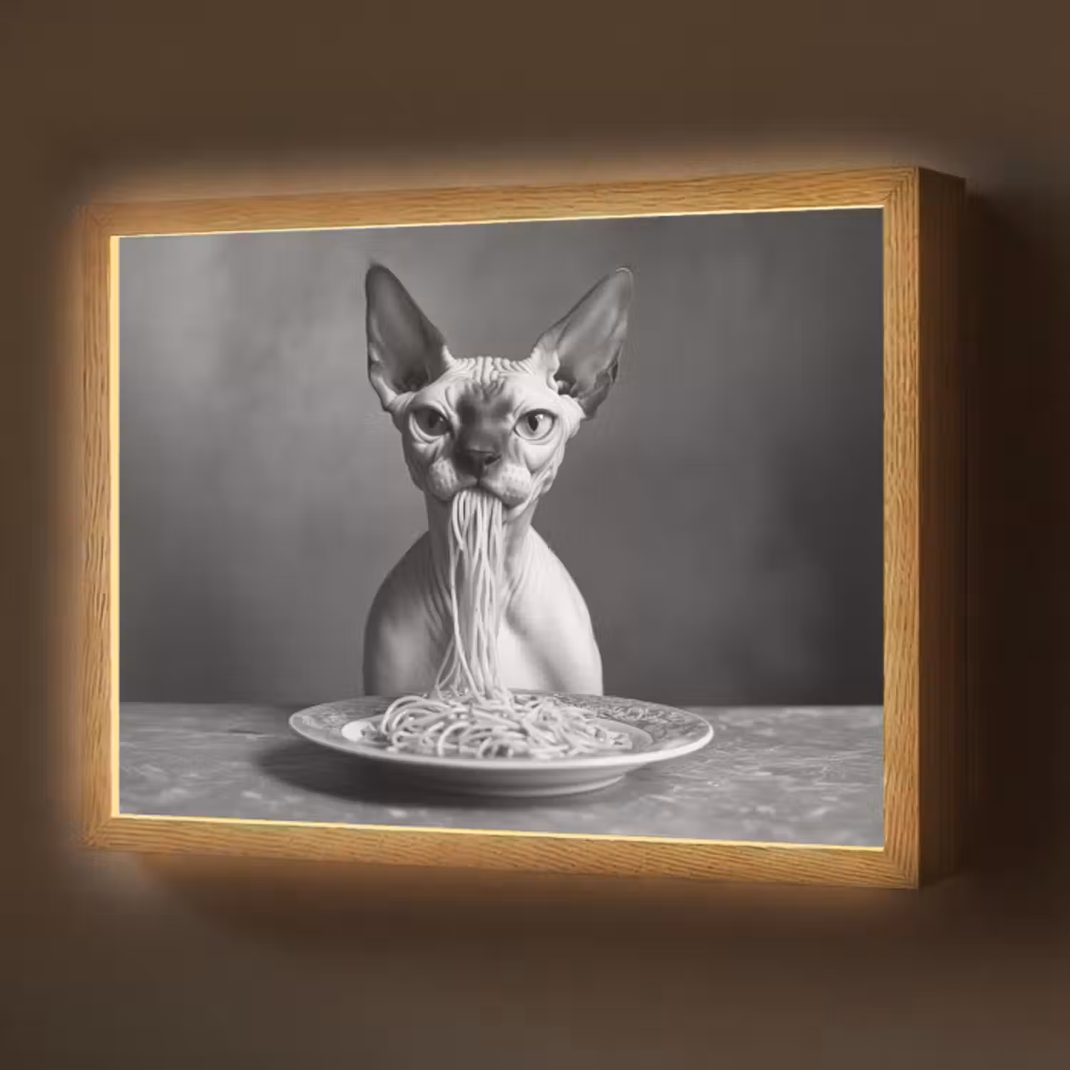 Lightbox - Wandlamp - Sphynx - Kat - Dieren - Humor - Spaghetti - Zwart Wit