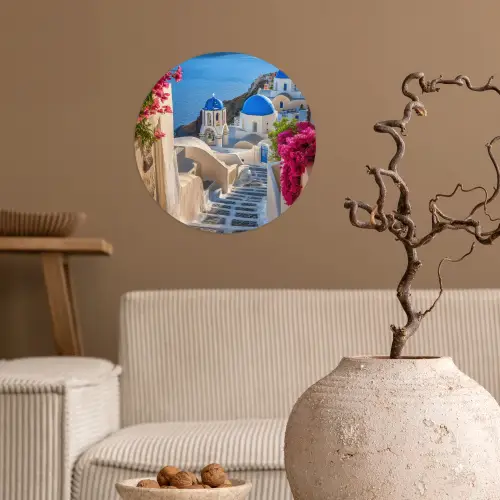 Santorini - Bloemen - Griekenland Wandcirkel behangsticker klein -sfeer1