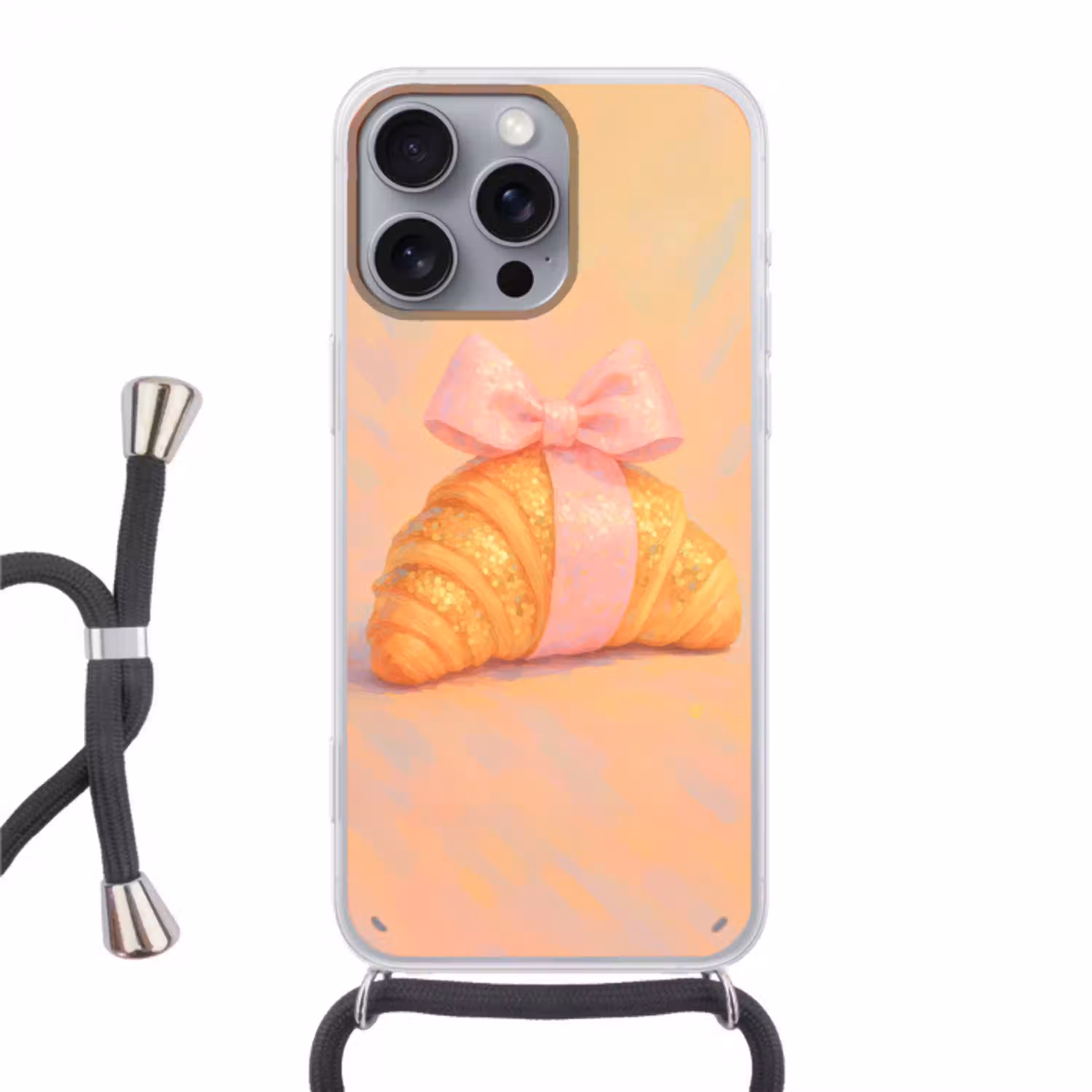 Croissant - Strik - Roze Hoesje iPhone 16 Pro Max met koord klein -3d