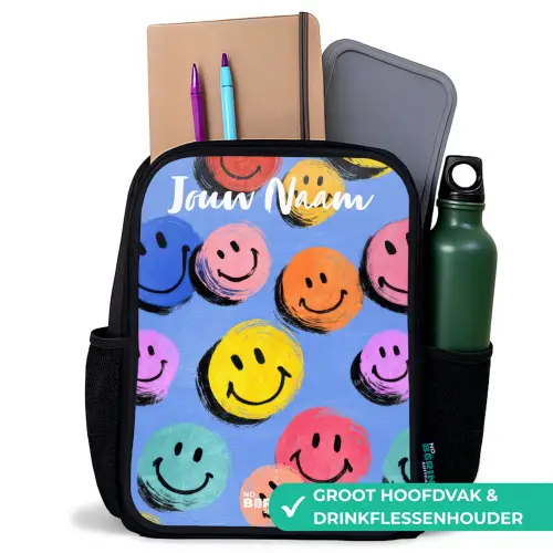 Een speels en kunstzinnig patroon van kleurrijke smileys Rugzak - Zwart middel -inhoud_NL
