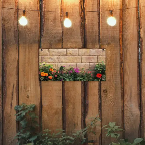 Bloemen - Bakstenen - Kleurrijk tuinposter los doek klein -sfeer1