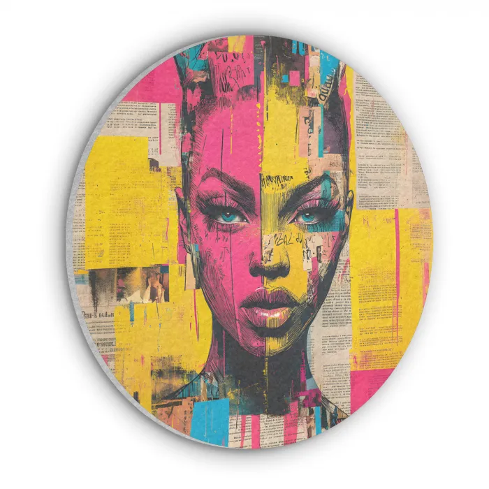Vrouwengezicht - Krantenpapier - Abstract - Roze Akoestische PET Vilt - Rond klein -3d