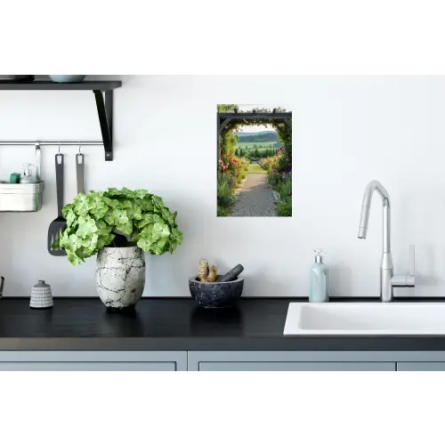 Doorkijk - Landschap - Natuur - Tuinboog - Bloemen Muursticker klein -keuken