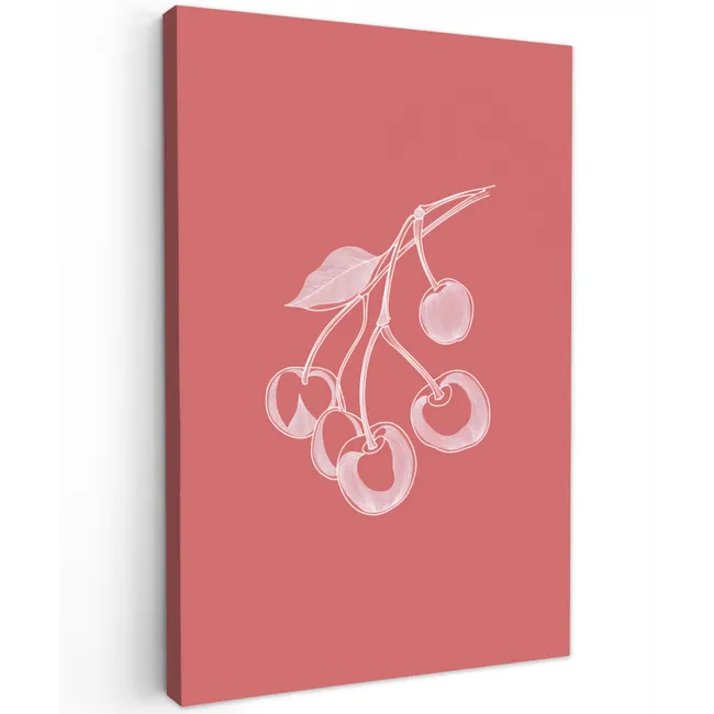 Lijnillustratie - Kersen - Tak - Wit Tuinposter op houten frame 2 cm dik klein -3d