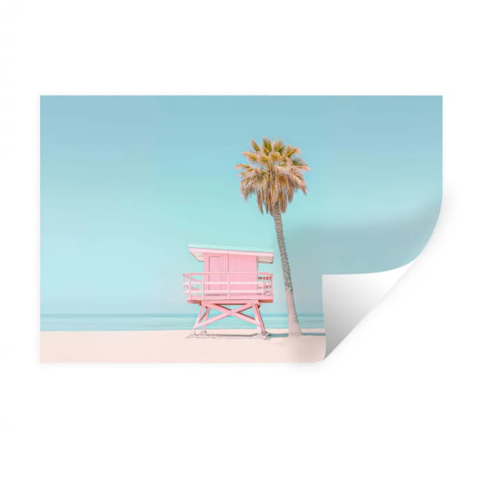Palmboom - Strandhuis - Roze Muursticker klein -3d